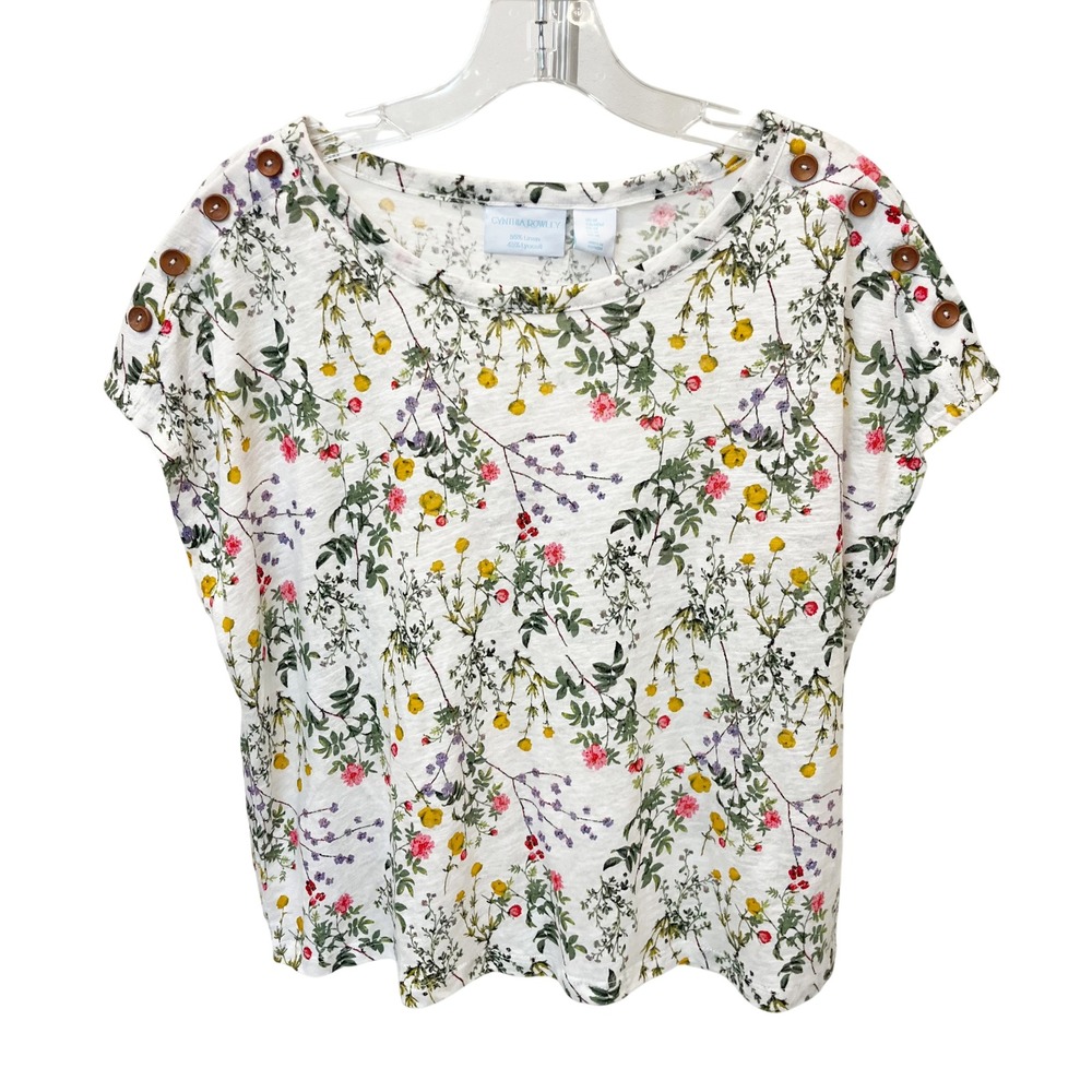 NEW Cynthia Rowley White Multi Floral Linen Shoulder Button Boxy Fit Top MEDIUM
